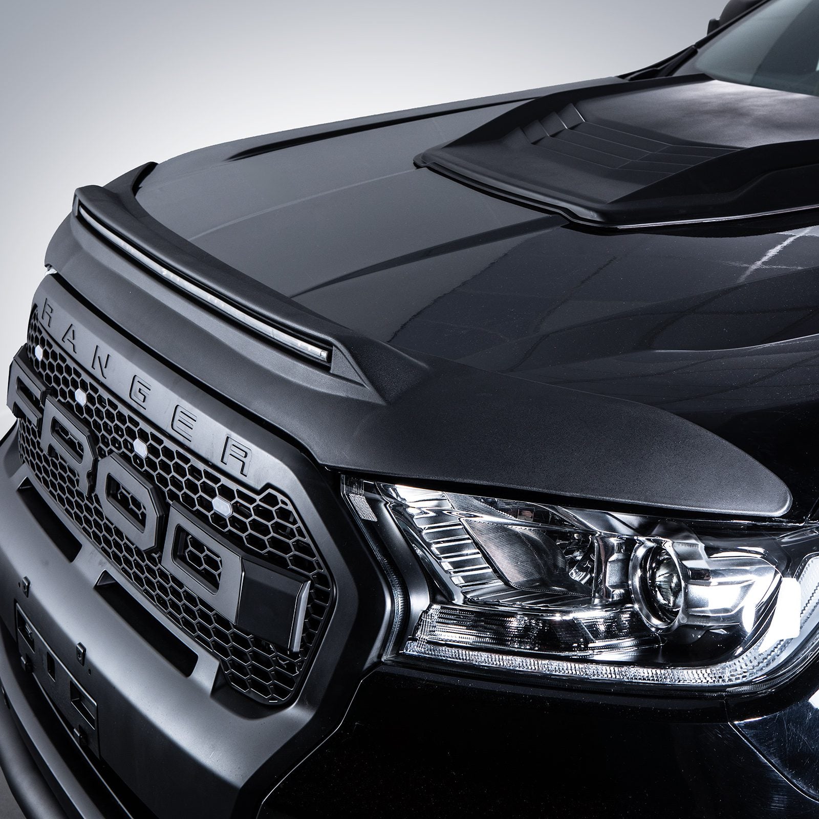 Ford Ranger T7 T8 2015-2022 Smoked Black Bonnet Guard With LED Lights