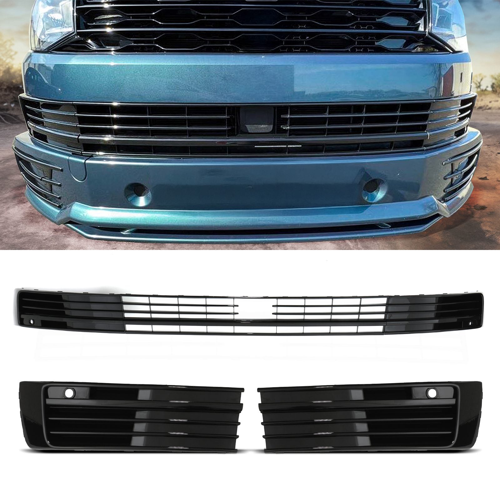 VW Transporter T6 16-19 Gloss Black Lower Grille Trim Set For Models With Radar & Parking Sensors