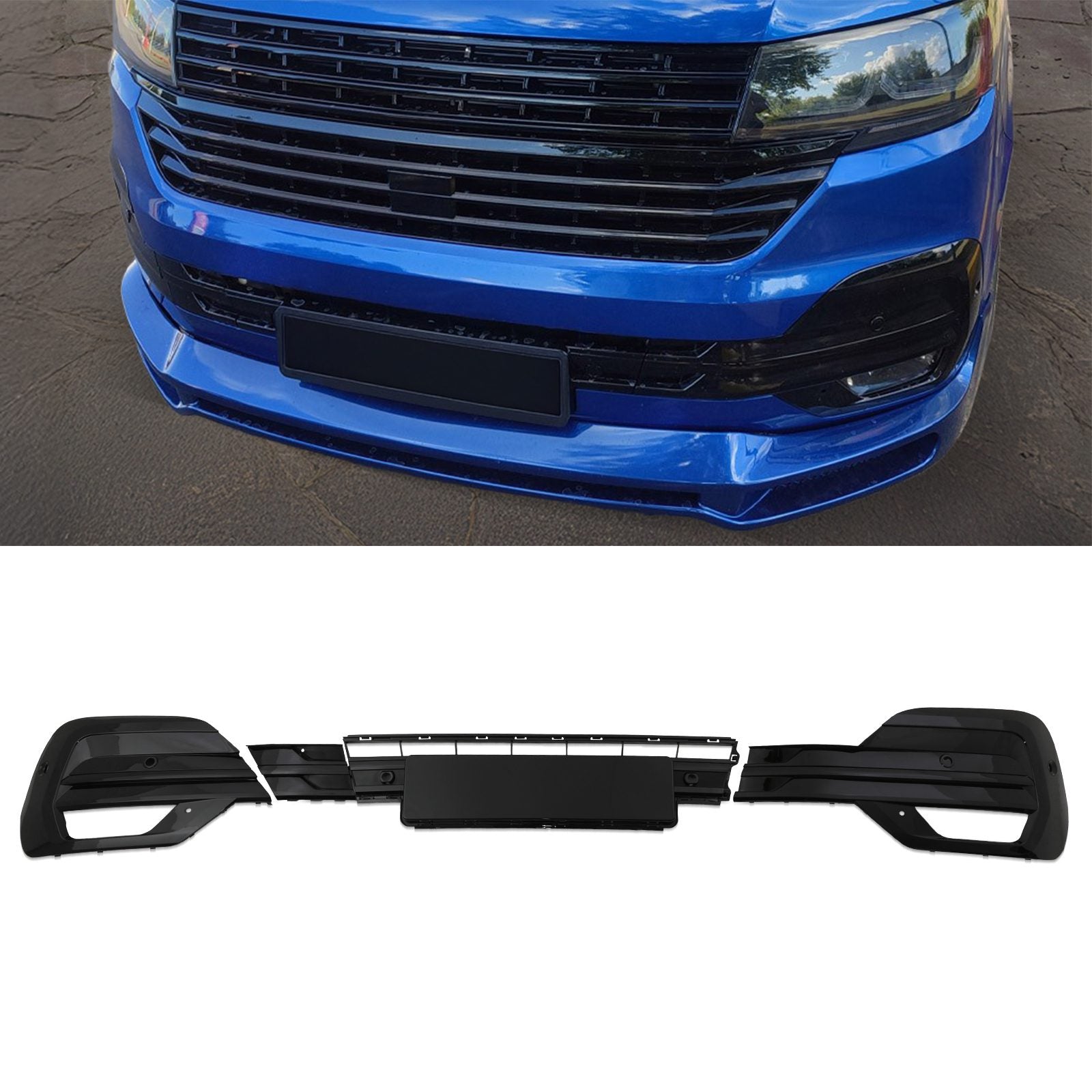 VW Transporter T6.1 19+ Gloss Black Front Bumper Fog Light Covers & Lower Grille