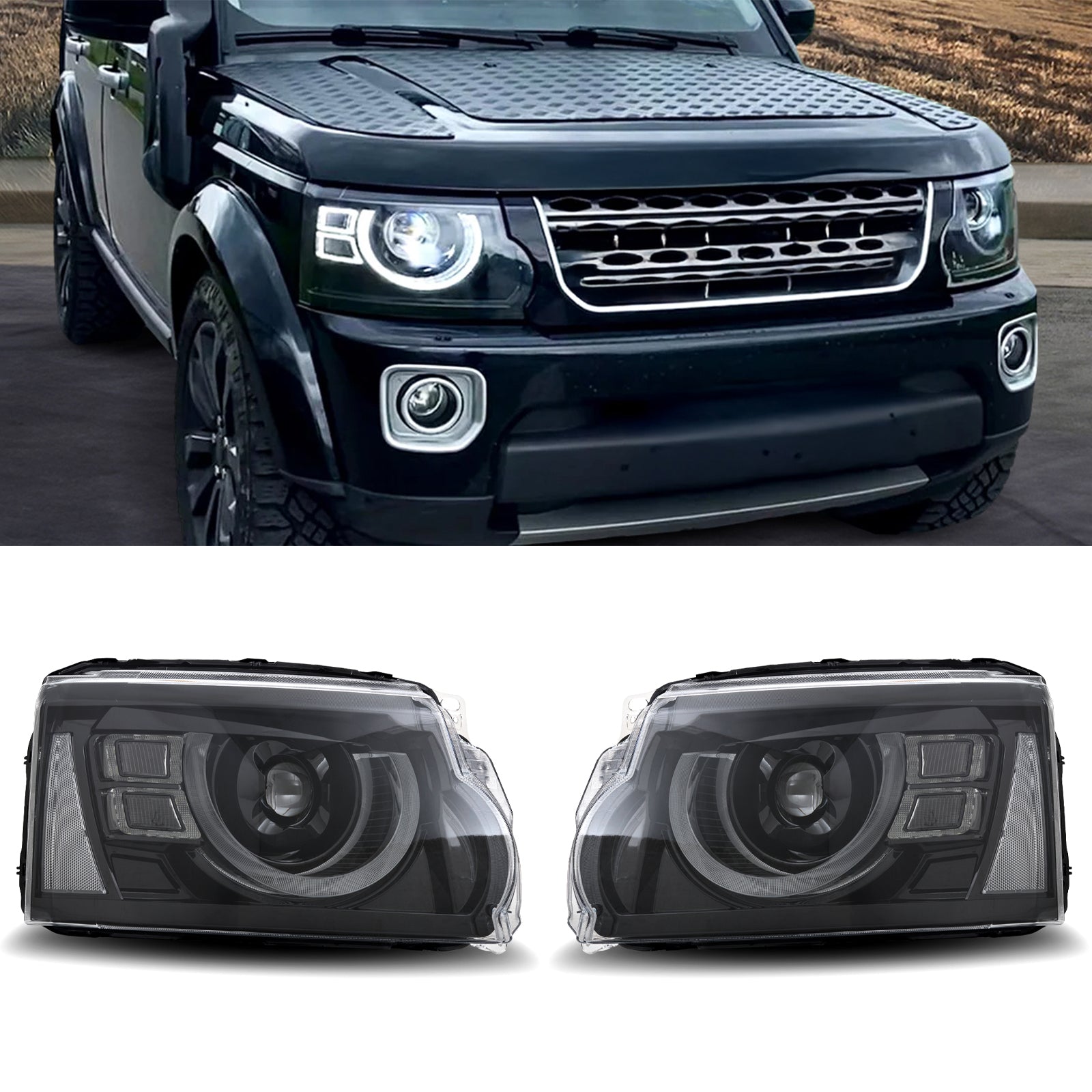 Predator 4x4 Defender Style Front LED Headlights To Fit Land Rover Discovery 4 L319 13-16
