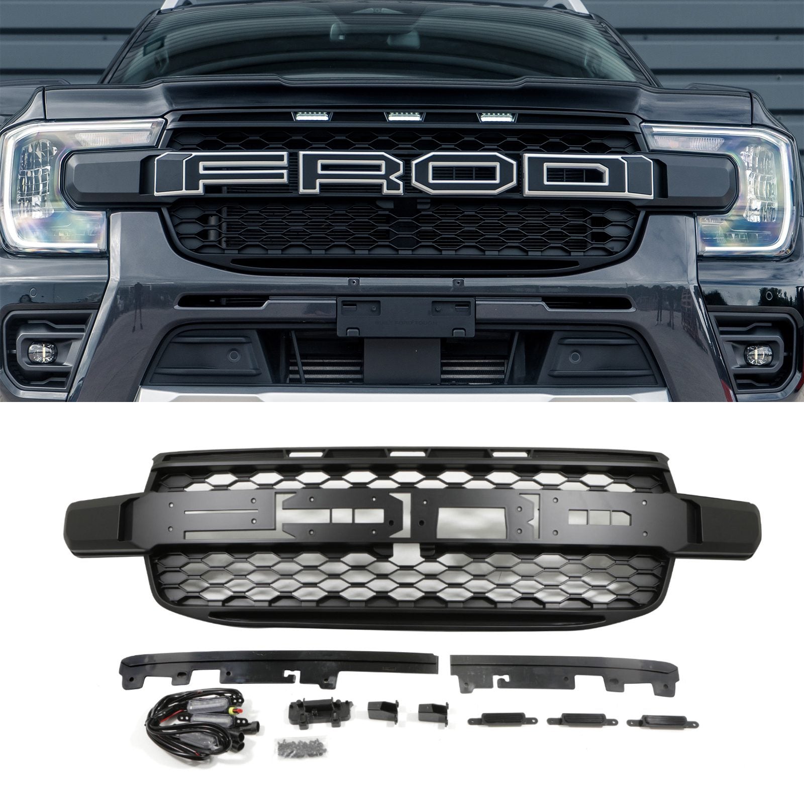 Ford Ranger T9 Wildtrak 2023+ Black Grille With White LED's & Badge