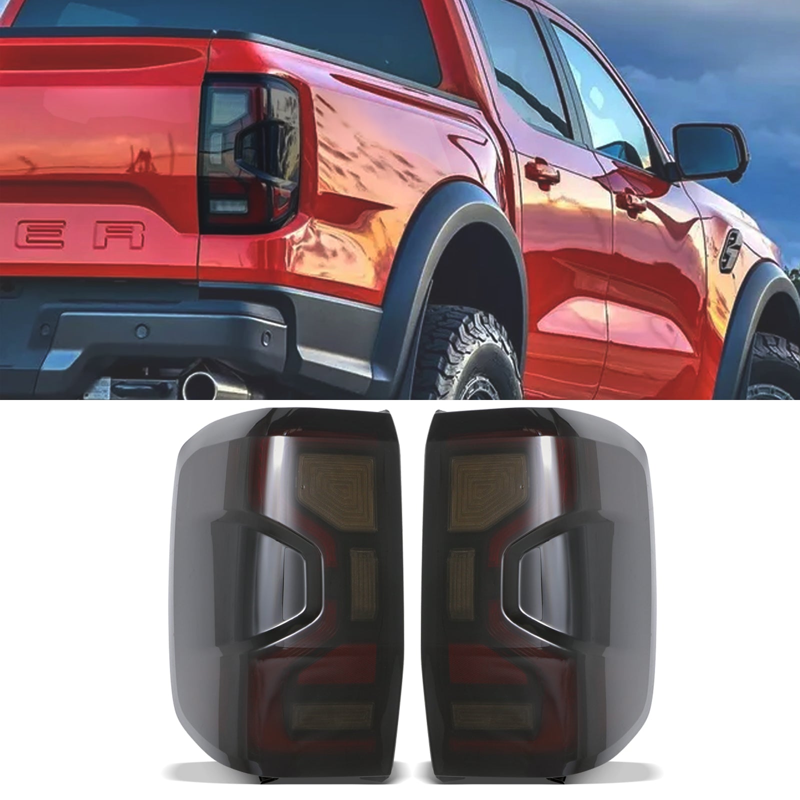 Ford Ranger T9 Wildtrak 2023+ Smoked LED Rear Tail Lights With Fog Lamps