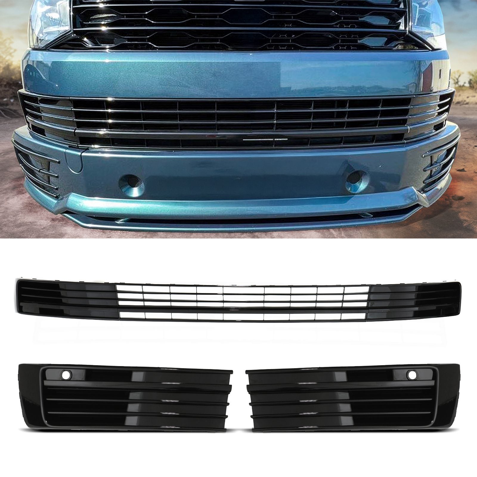 VW Transporter T6 16-19 Gloss Black Lower Grille Trim Set (Parking Sensor Models)