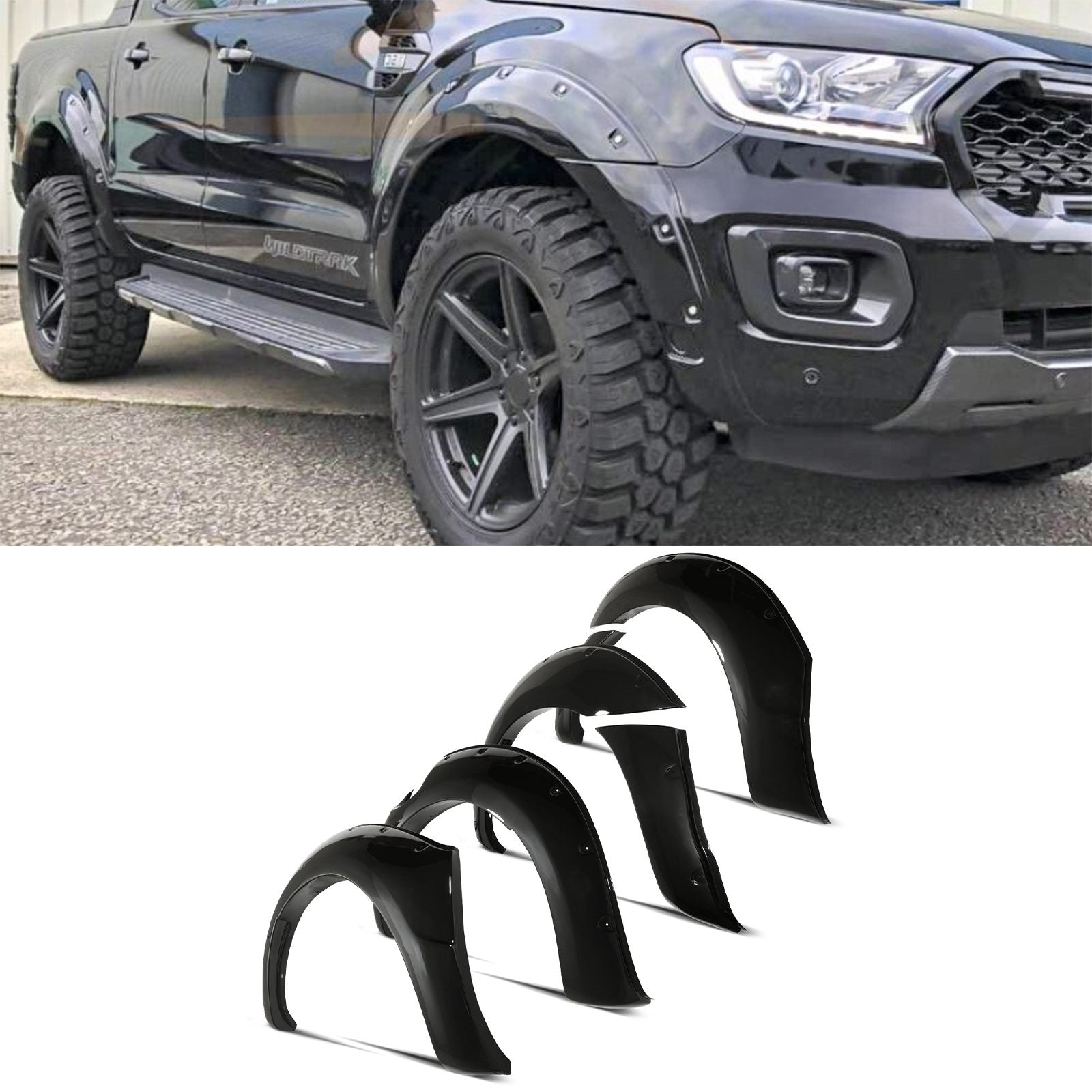 Ford Ranger T8 18-21 50mm Gloss Black Wheel Arches With Sensor Holes