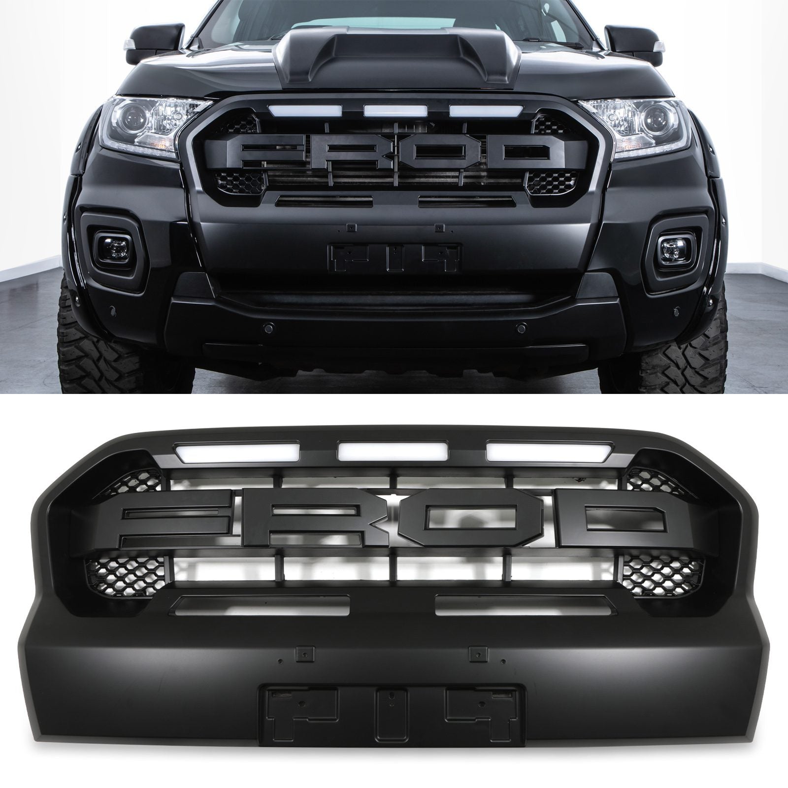 Ford Ranger T8 Wildtrak 18-21 Black Grille With White LED Lights