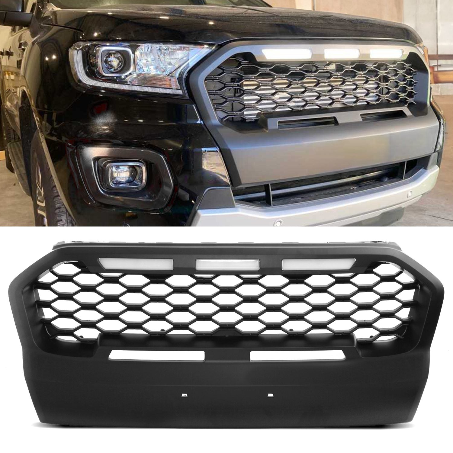 Ford Ranger T7 15-18 Black Honeycomb Grille With LED Lights